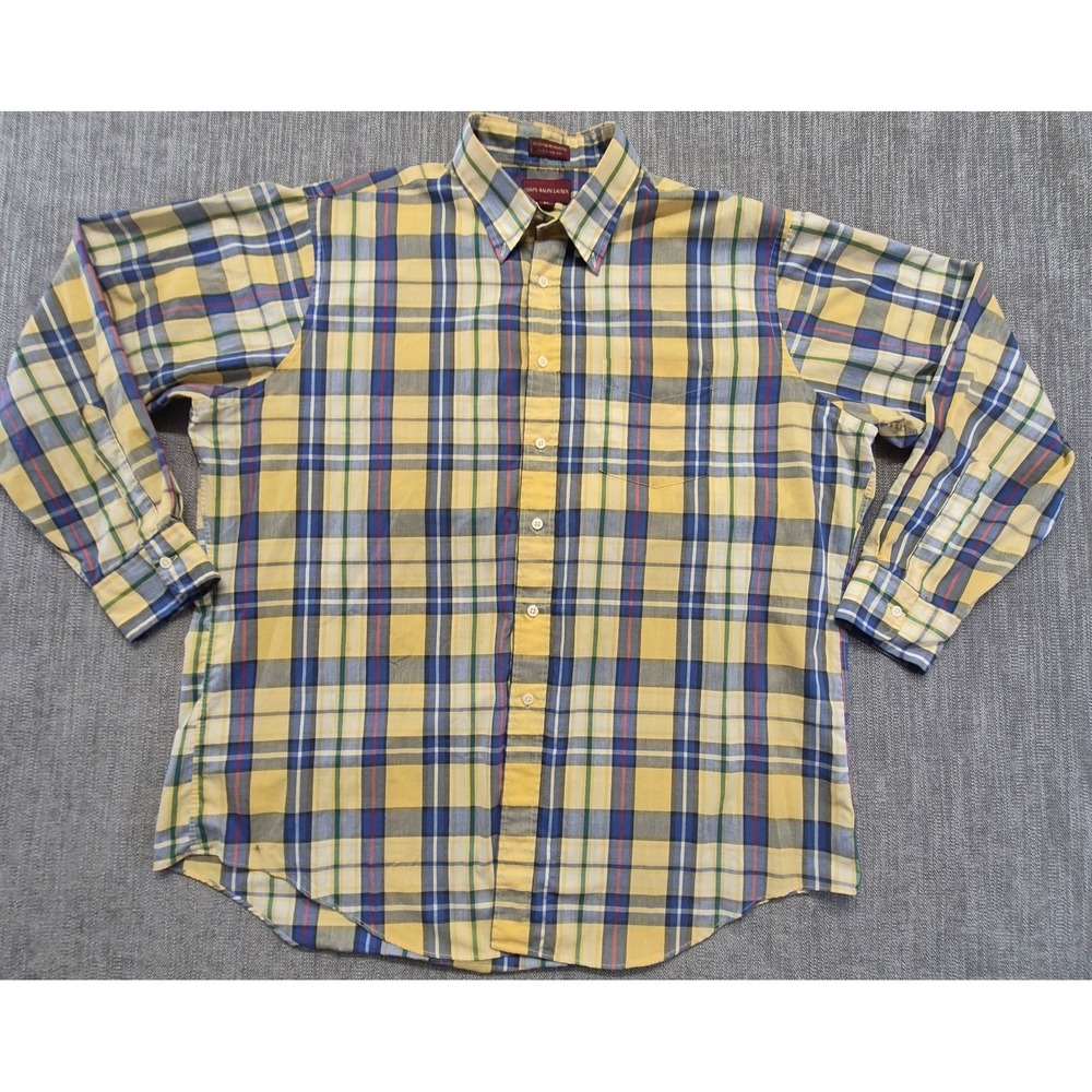 VTG Chaps Ralph Lauren men's yellow plaid long sleeve button up shirt‎ XL